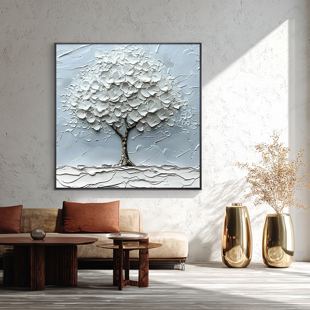 Sacred Solitude – Minimalist Heavy Impasto White Tree of Life | Wabi-Sabi Square Living Room Wall Art