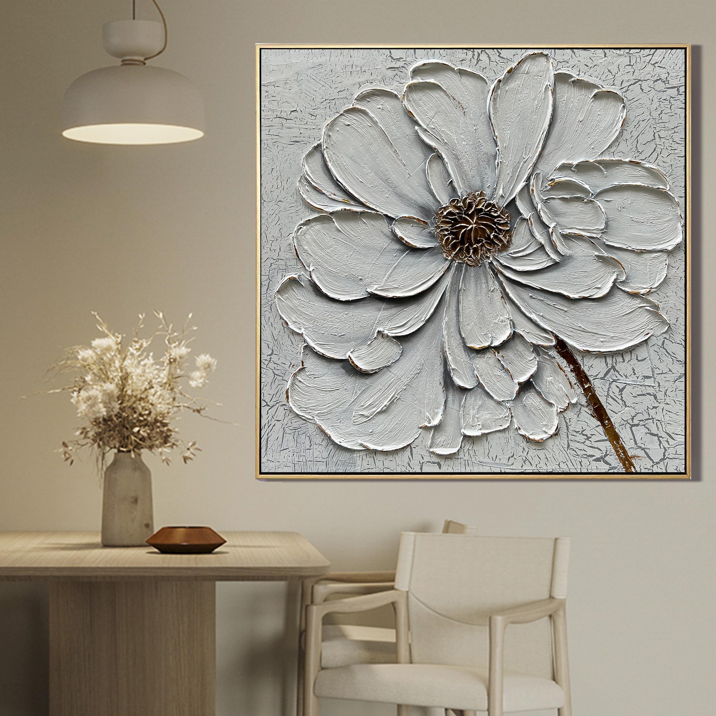 GOSSAMER BLOOM: 3D Heavy Texture Peony Wall Art, White Petal Relief with Gold Accents