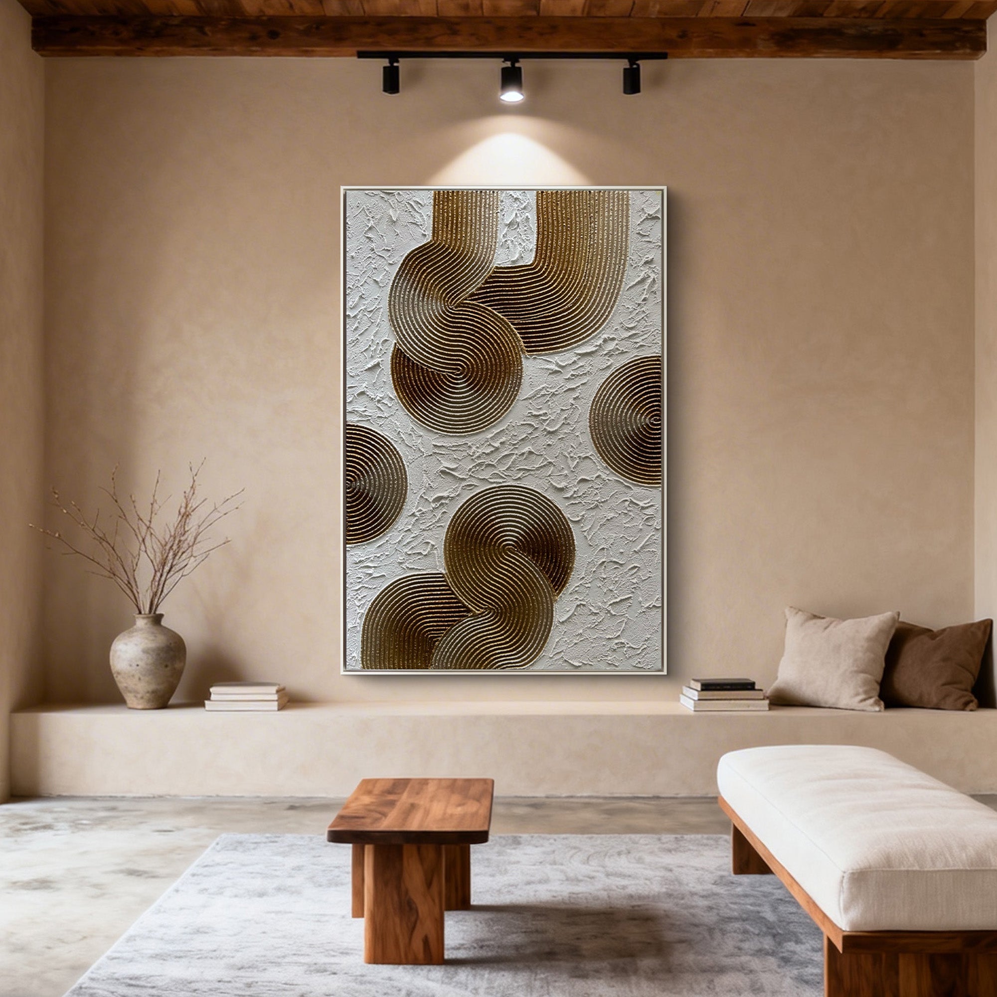 BRONZE RHYTHM: Heavy Texture Bronze Plaster Art, Mid-century Modern Geometric Painting