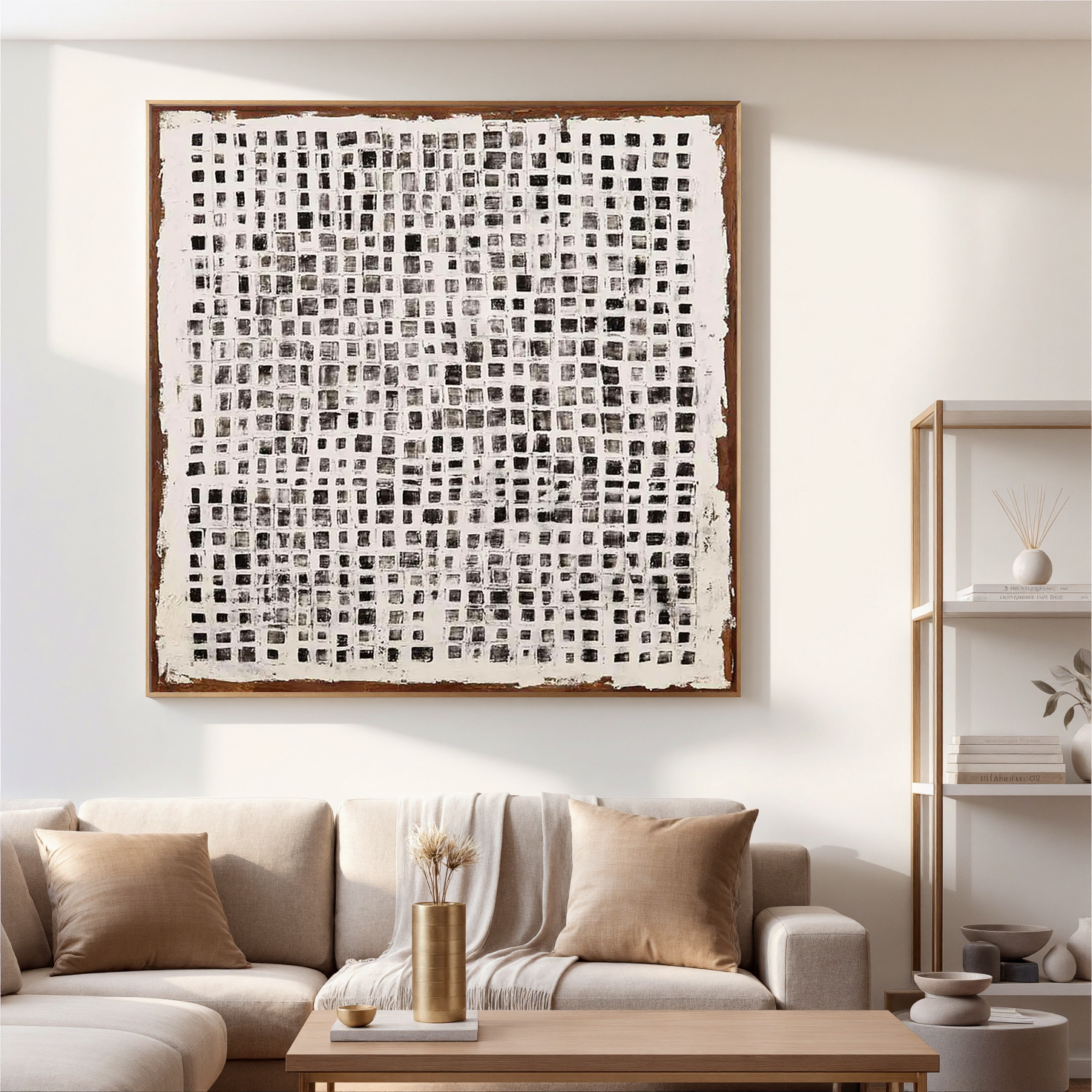 Monochrome Mosaic – Industrial Black and White Grid Impasto Painting | Avant-Garde Expressionist Living Room Art