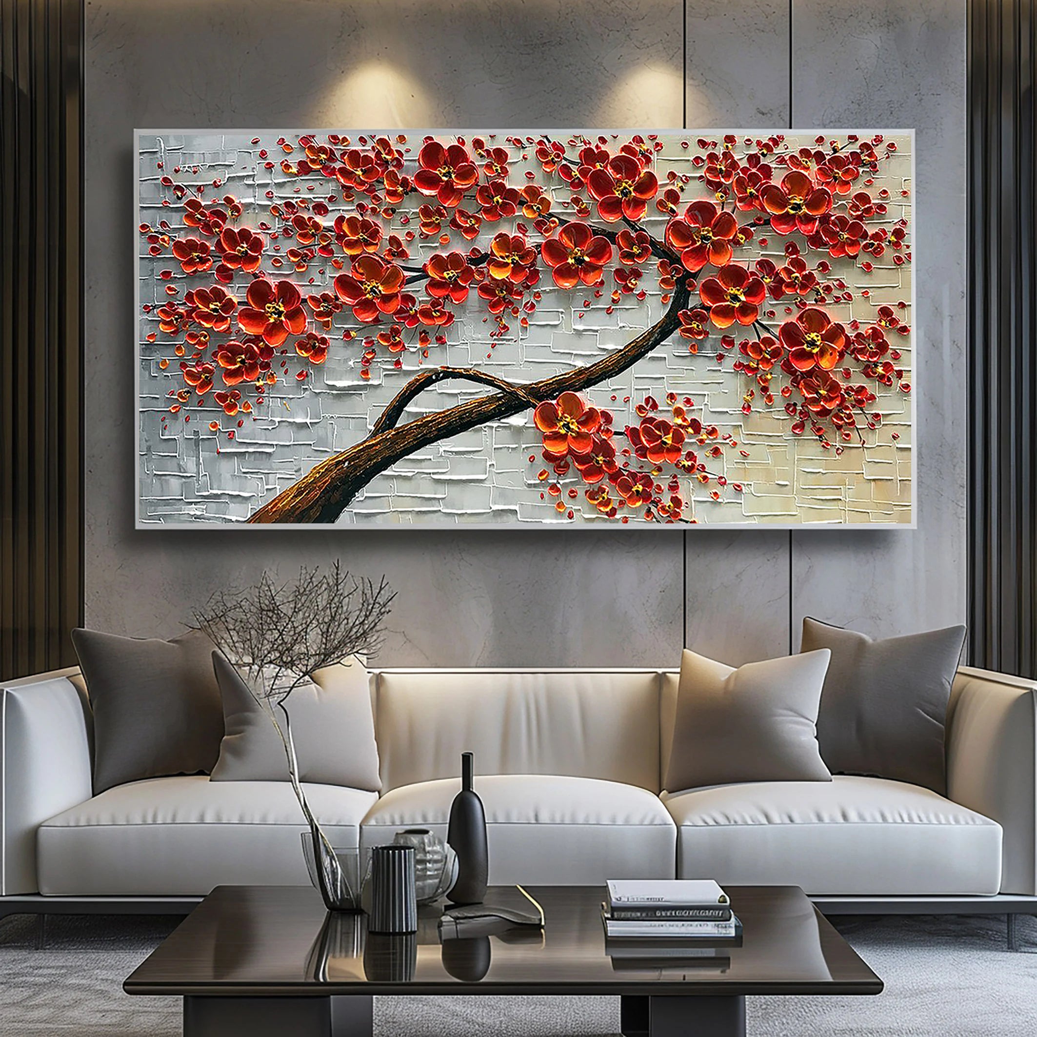 Crimson Blossom – Red Flower Tree Relief Floral Painting | Contemporary Botanical Bedroom & Living Room Art