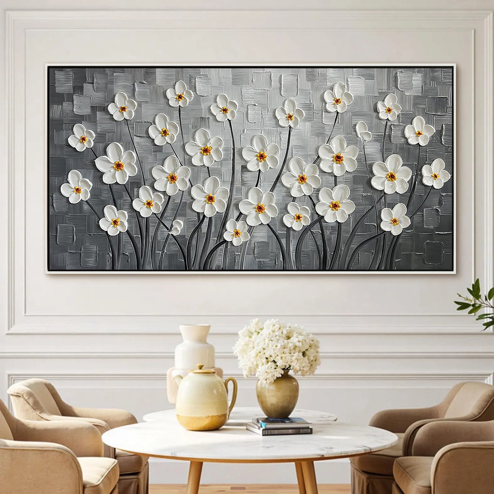 Silver Bloom – White Flower Relief Floral Painting | Contemporary Botanical Bedroom & Living Room Art