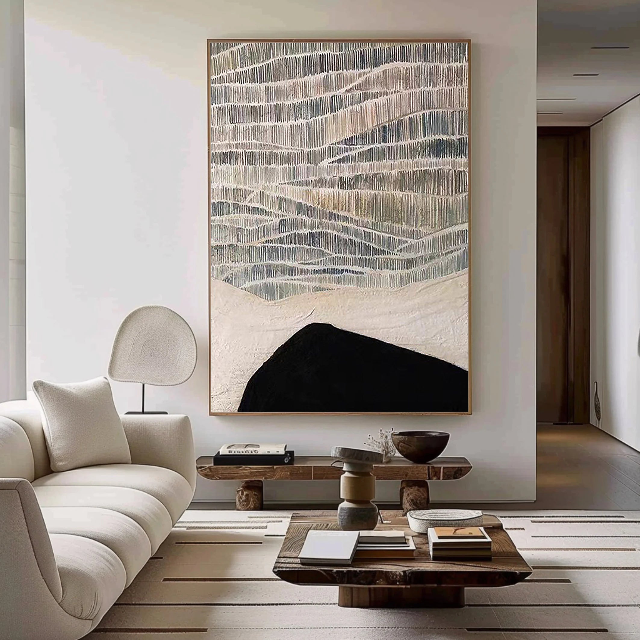 Silent Hill – Wabi-Sabi Style Black-and-White Minimalist Painting | Modern Abstract Living Room Art