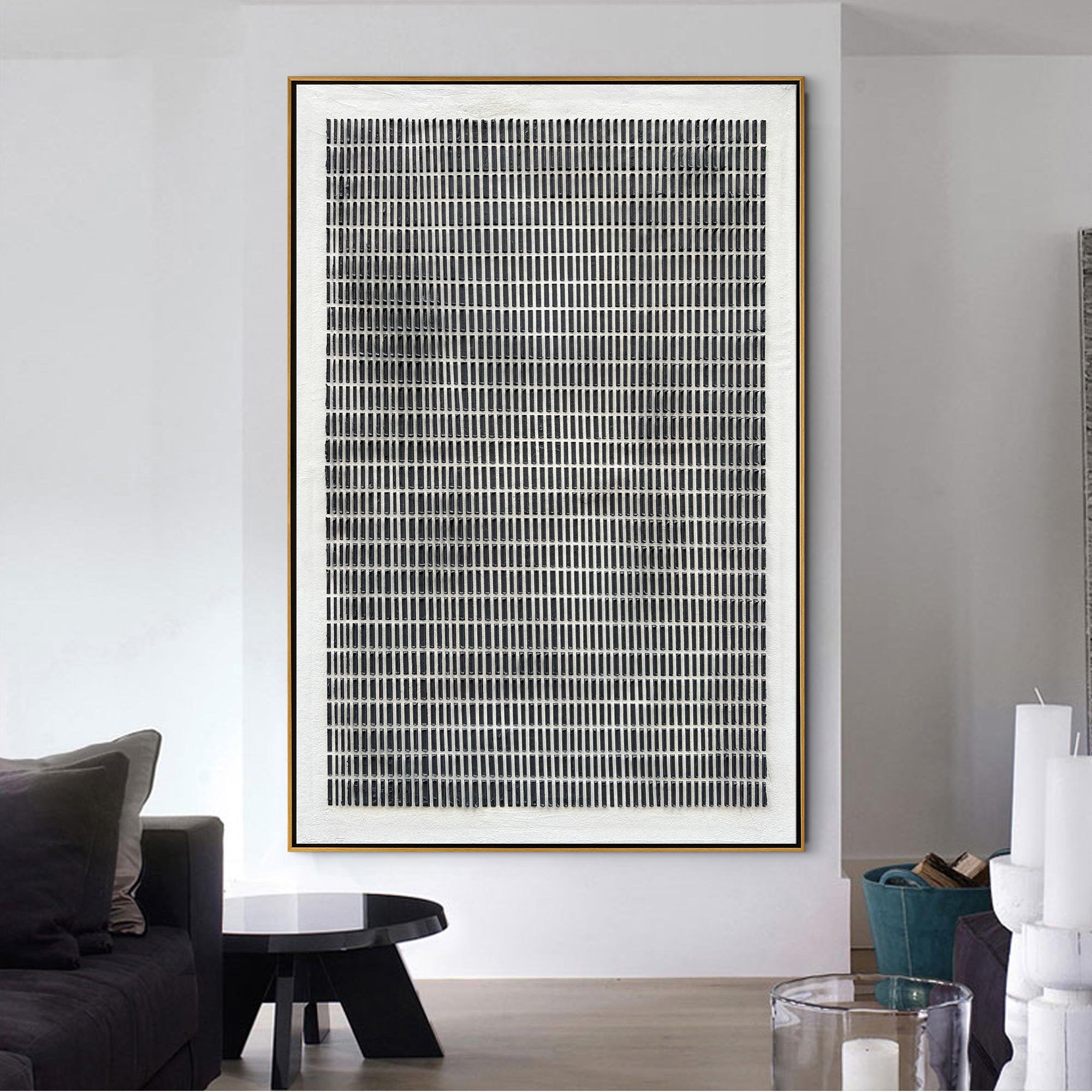 Grid Zen – Wabi-Sabi Geometric Matrix Minimalist Painting | Modern Noir Wabi-Sabi Living Room & Home Office Art