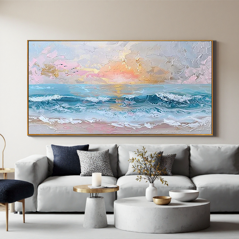 Pastel Sunset – Hand-Painted Sunset Ocean Wave Palette Knife 3D Seascape Painting | Coastal Modern Living Room & Bedroom Art