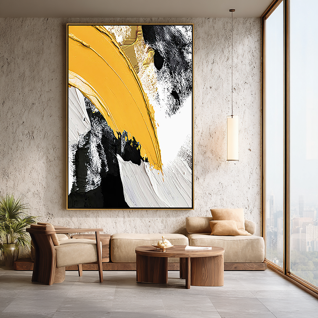 Amber Sweep – Bold Yellow & Black Palette Knife Minimalist Painting | Modern Minimalist Bedroom & Home Office Art