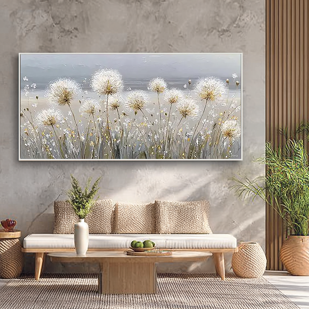 Wishful Fields – Hand-Painted White Dandelion Impressionist Floral Painting | Contemporary Botanical Bedroom & Living Room Art