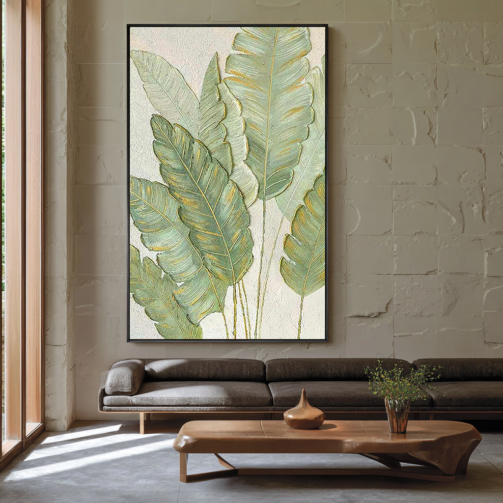 Emerald Whisper – Left-Facing Botanical Relief with Gold Edges Texture Painting | Modern Luxury Botanical Bedroom & Living Room Art