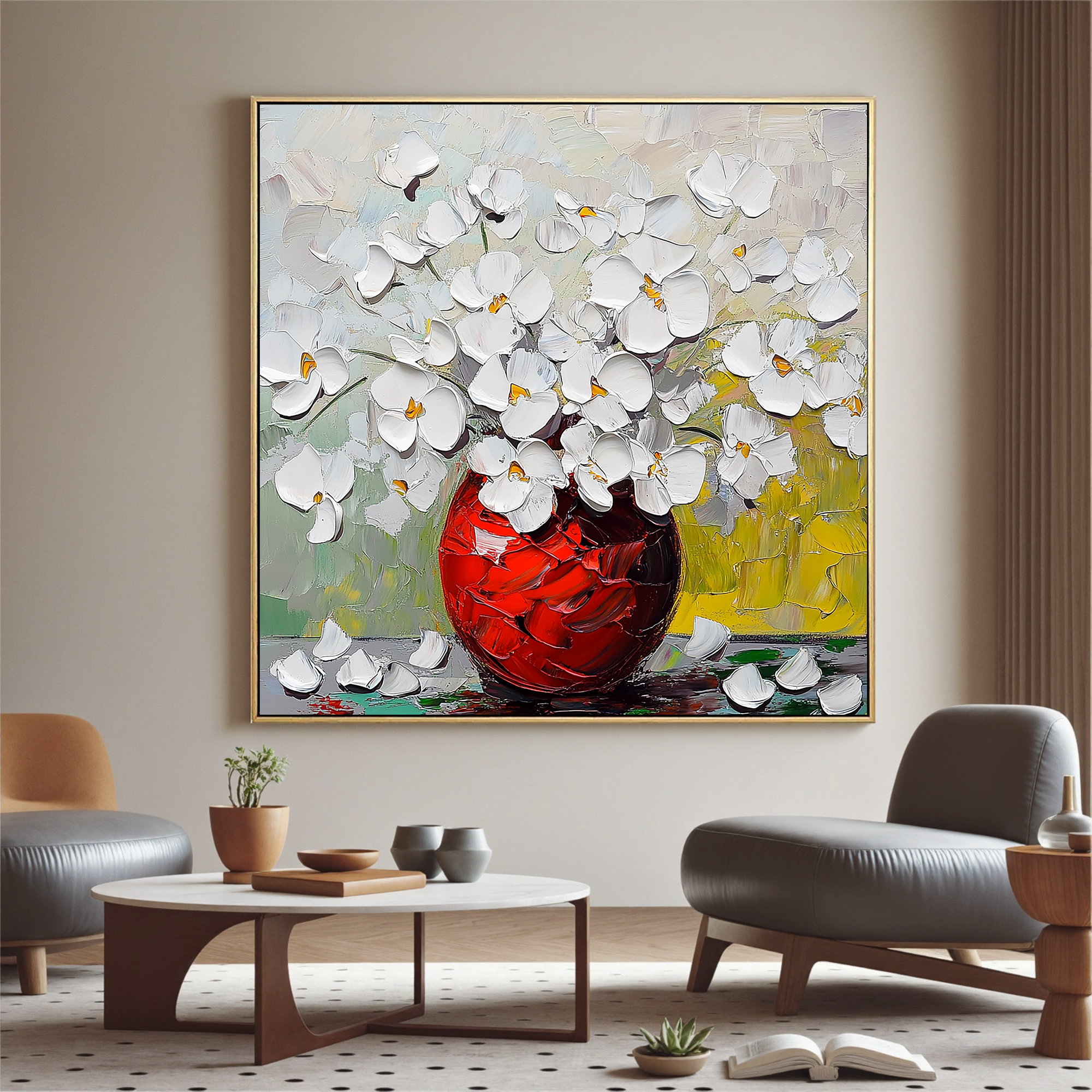 Crimson Radiance – Modern Textured White Floral Painting | Luxury Red Vase Impressionist Hallway Art