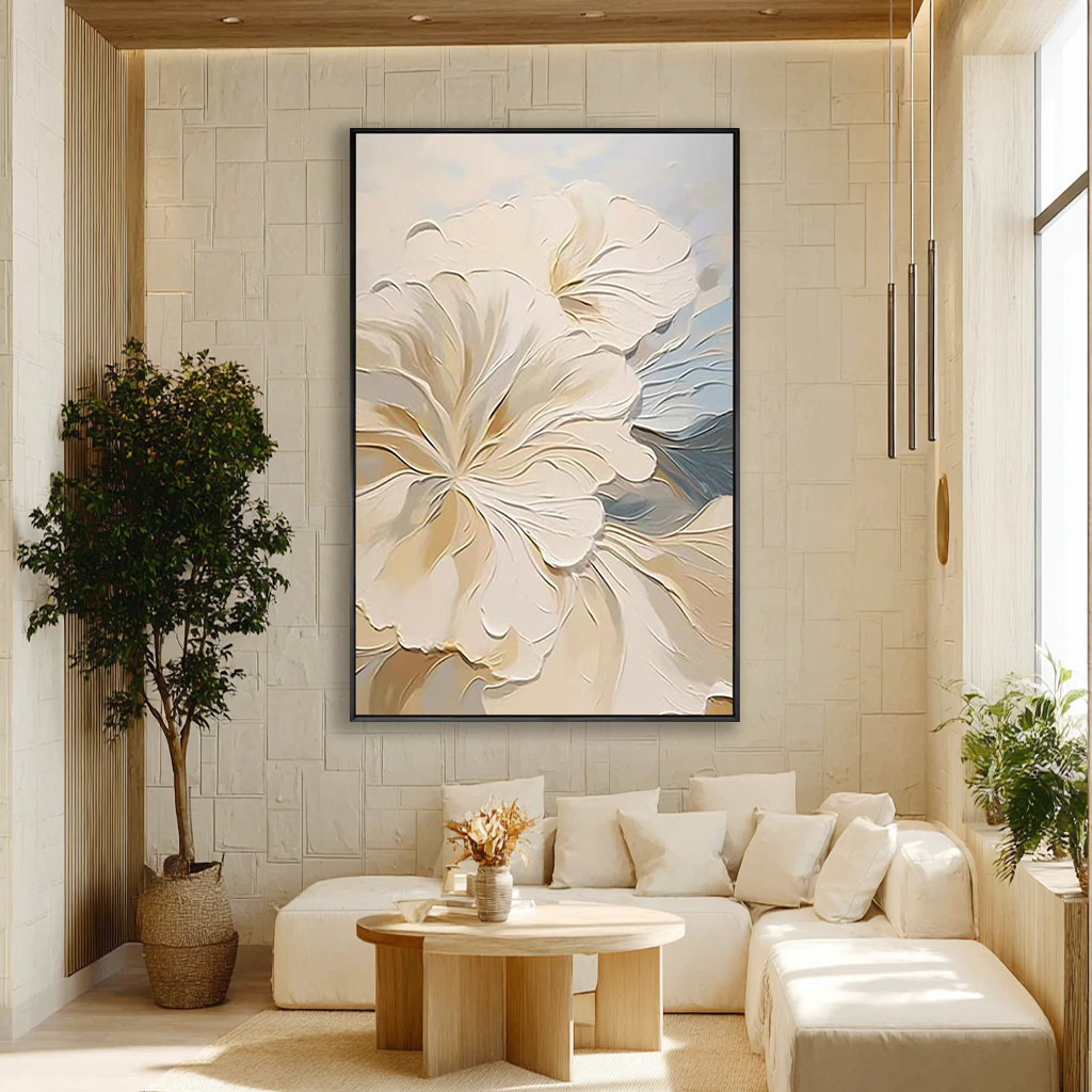 Serenade in Bloom – Modern French Cream Textured Painting | Romantic Blue & Beige Floral Bedroom Art