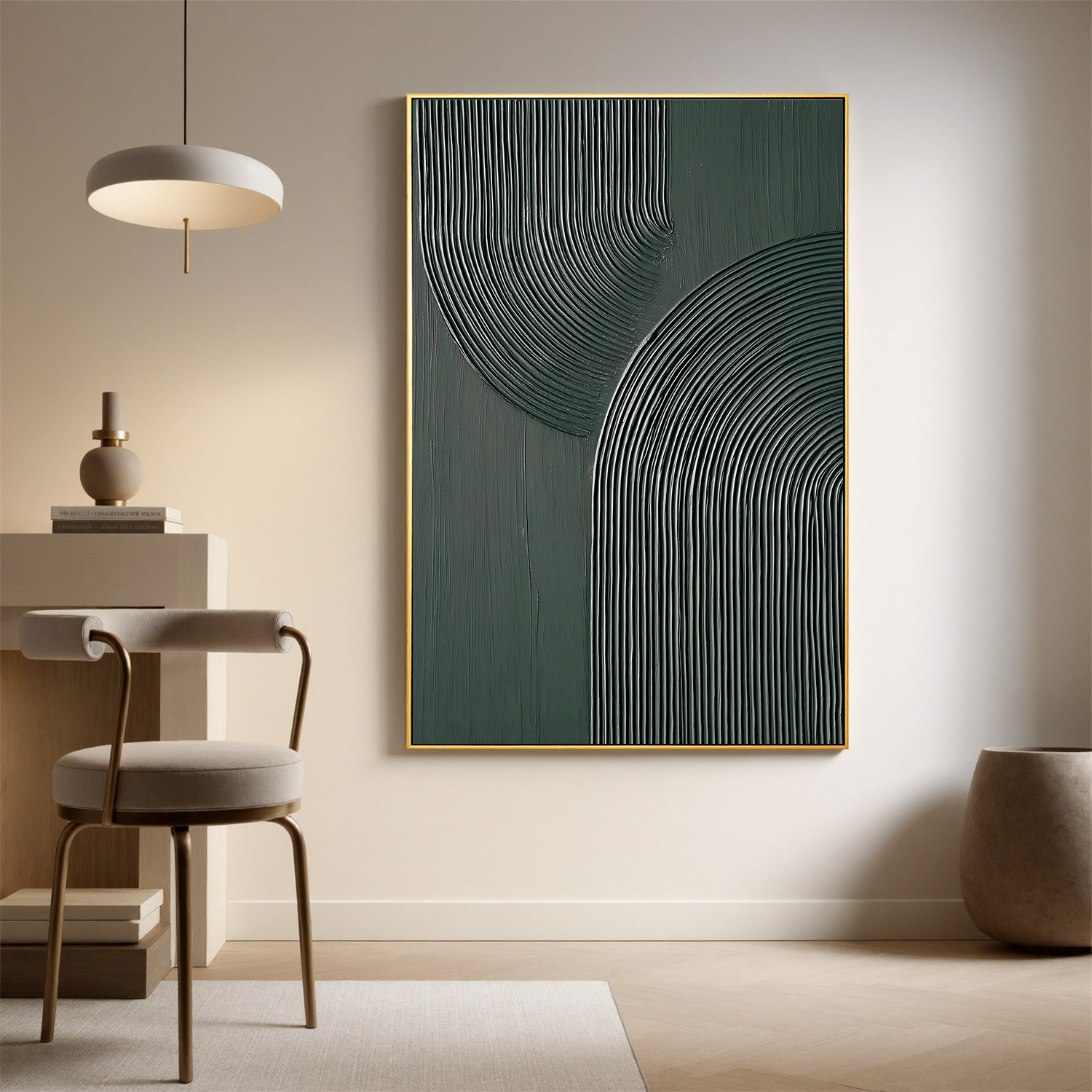 Silent Harmony – Modern Deep Green Textured Painting | Geometric Ribbed Plaster Hallway Art