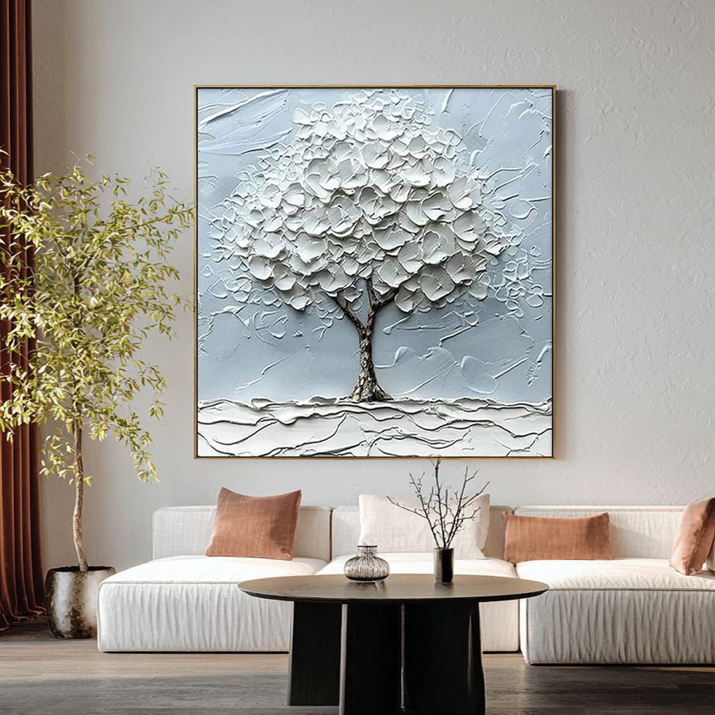 Sacred Solitude – Minimalist Heavy Impasto White Tree of Life | Wabi-Sabi Square Living Room Wall Art