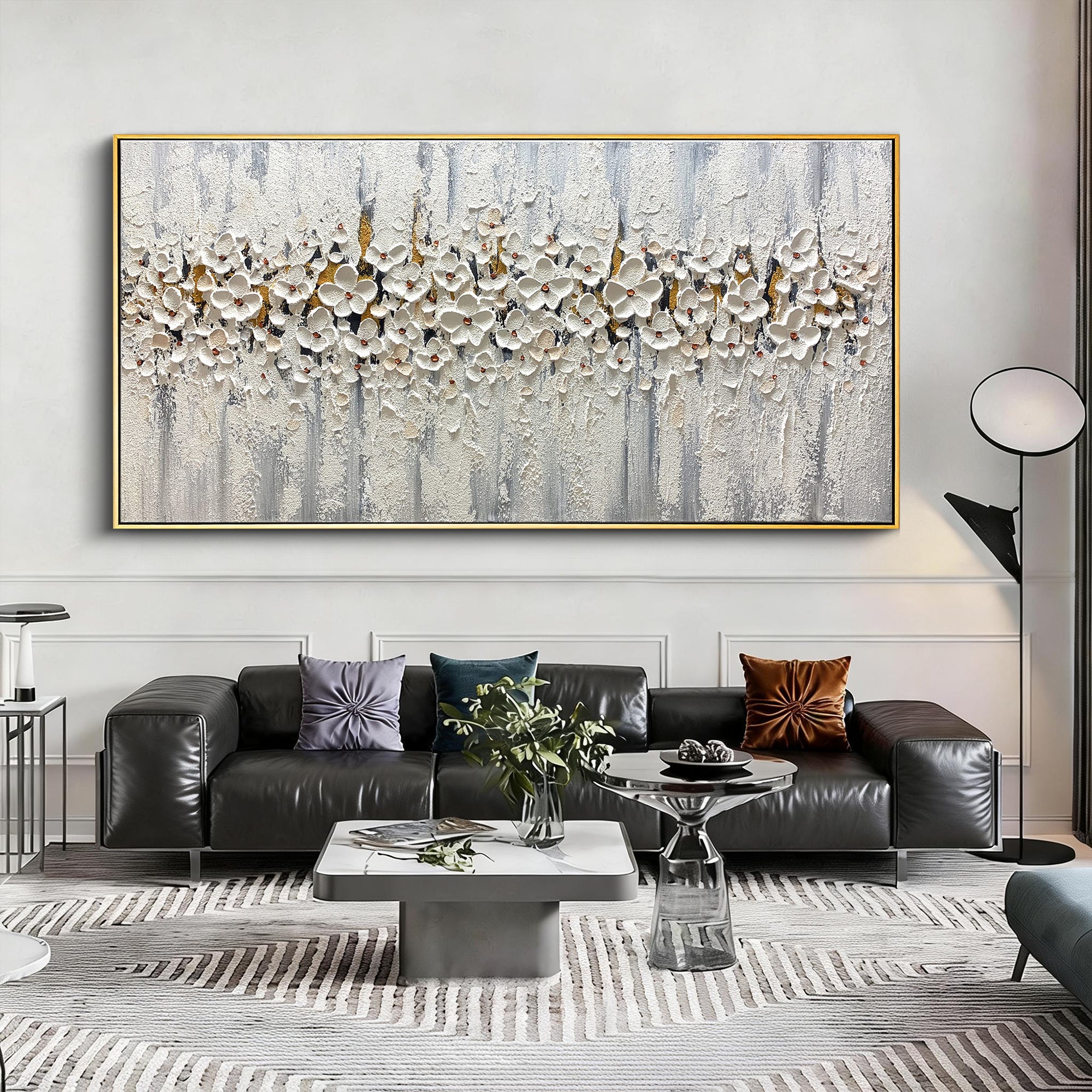 White Night Symphony – Modern Heavy Impasto White Flowers Painting | Luxury Panoramic Living Room Art