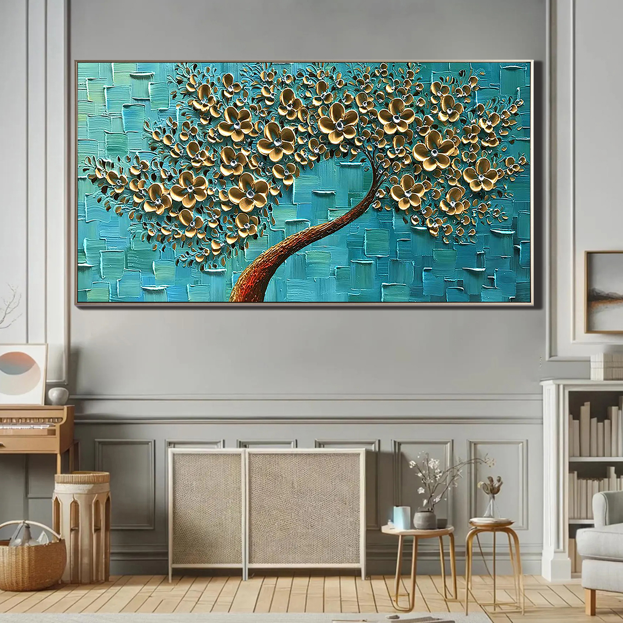 Teal Radiance – Gold Leaf Flower Relief Texture Painting | Modern Luxury Botanical Bedroom & Living Room Art