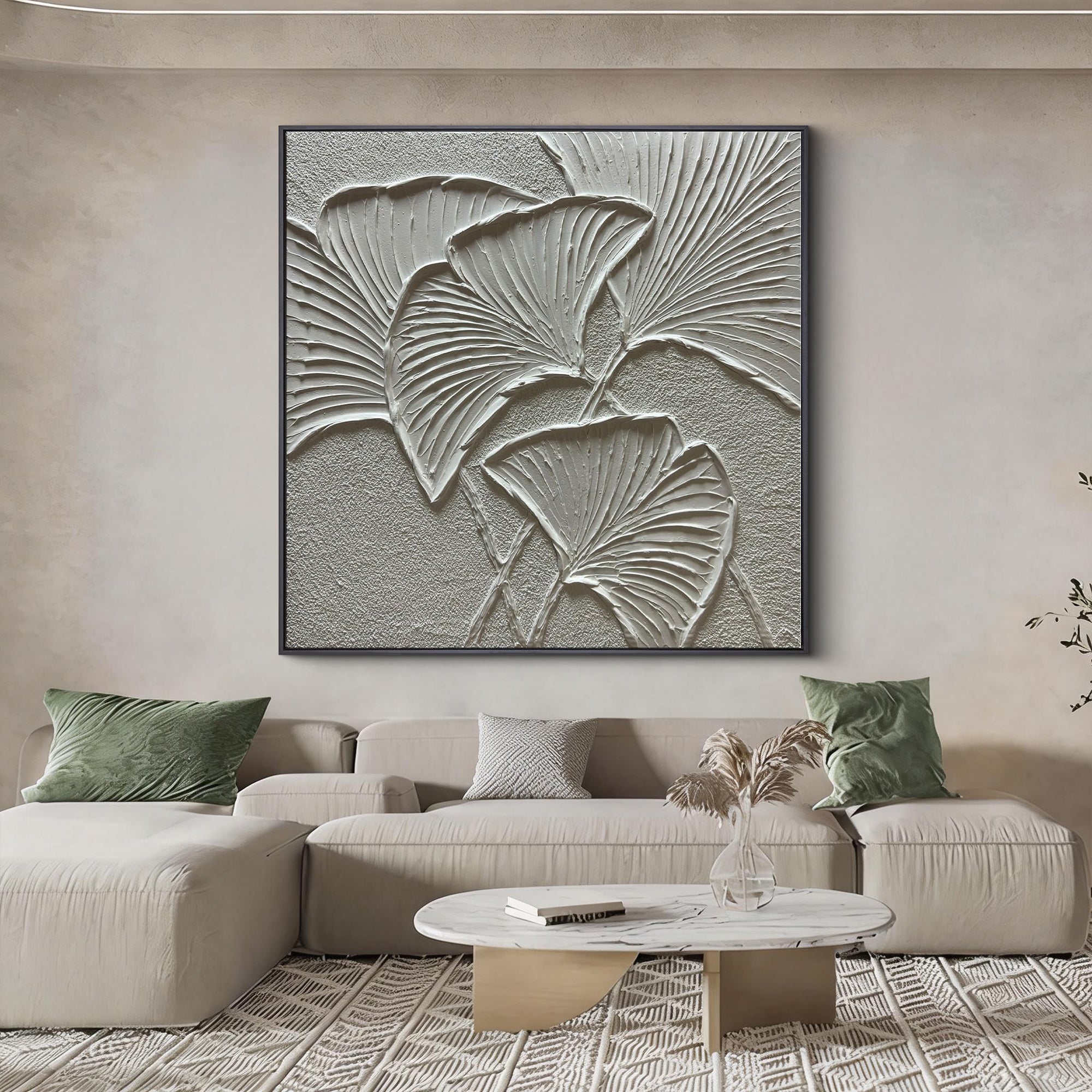 Ginkgo Whisper – Modern Minimalist Ginkgo Leaf Textured Painting | Wabi-Sabi Sculptural Hallway Art