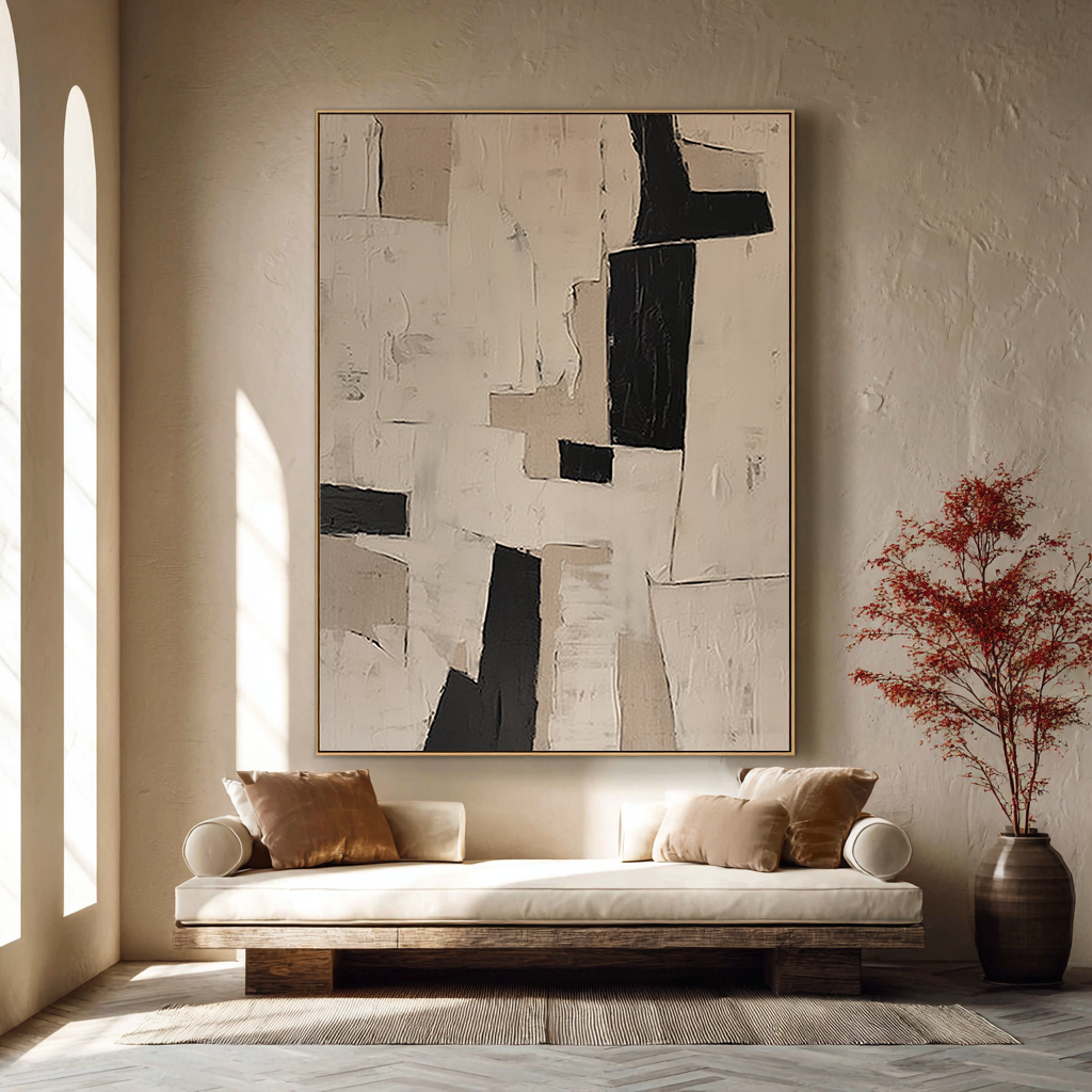 Earthen Monolith – Hand-Painted Black and Tan Palette Knife Wabi-Sabi Painting | Japandi Wabi-Sabi Living Room & Bedroom Art