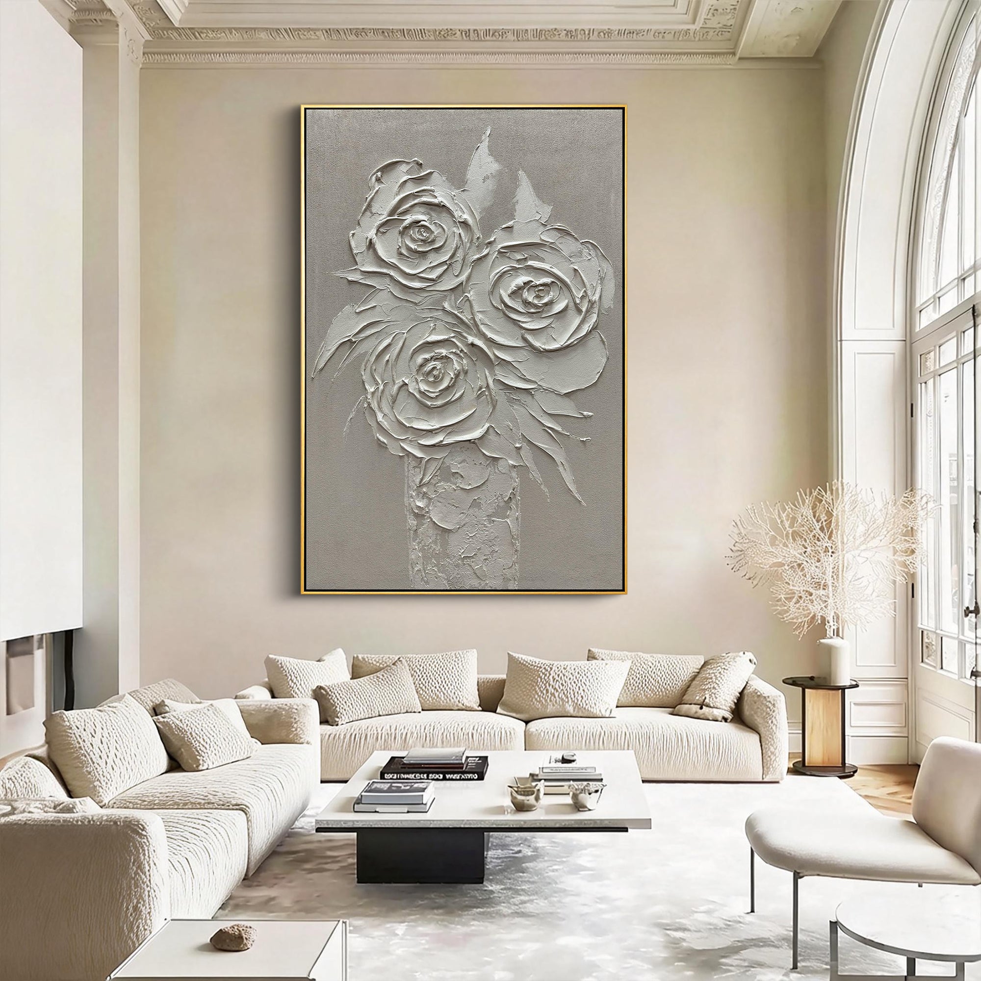 Ethereal Vase – Modern Floral Still Life Relief Texture Painting | Contemporary Botanical Bedroom & Living Room Art