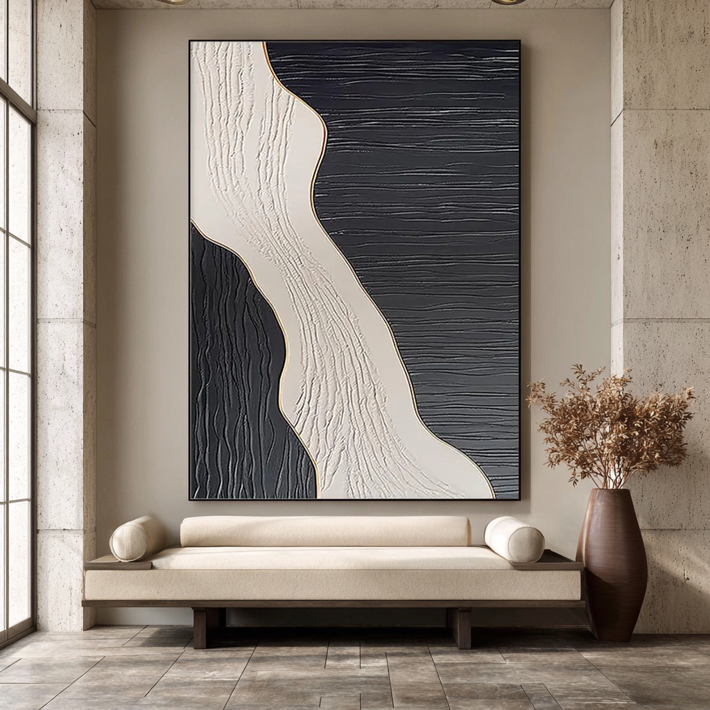 MONOCHROME PULSE: Wabi-sabi Linear Texture Art, Heavy Impasto Black & White Sculptural Painting