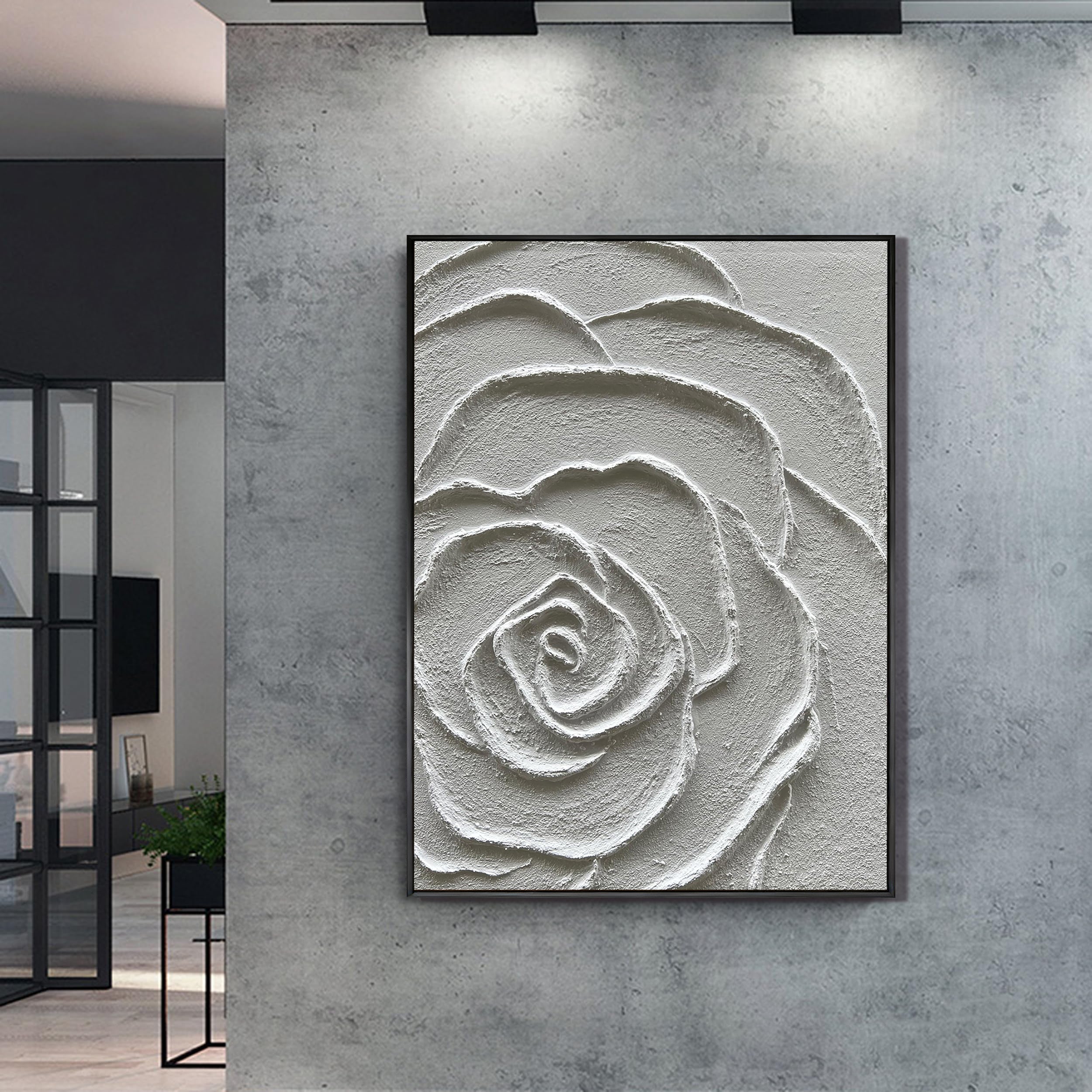 Petal Sculpture – 3D White Rose Relief Minimalist Painting | Contemporary Botanical Bedroom & Living Room Art