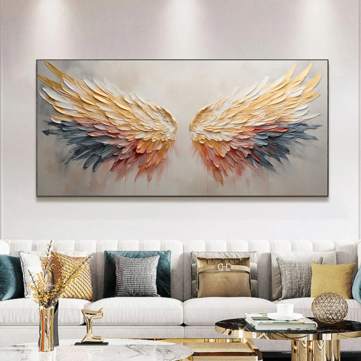 Celestial Ascent – Gold & Rose Pink Feather Relief Texture Painting | Modern Luxury Metallic Living Room & Hotel Art