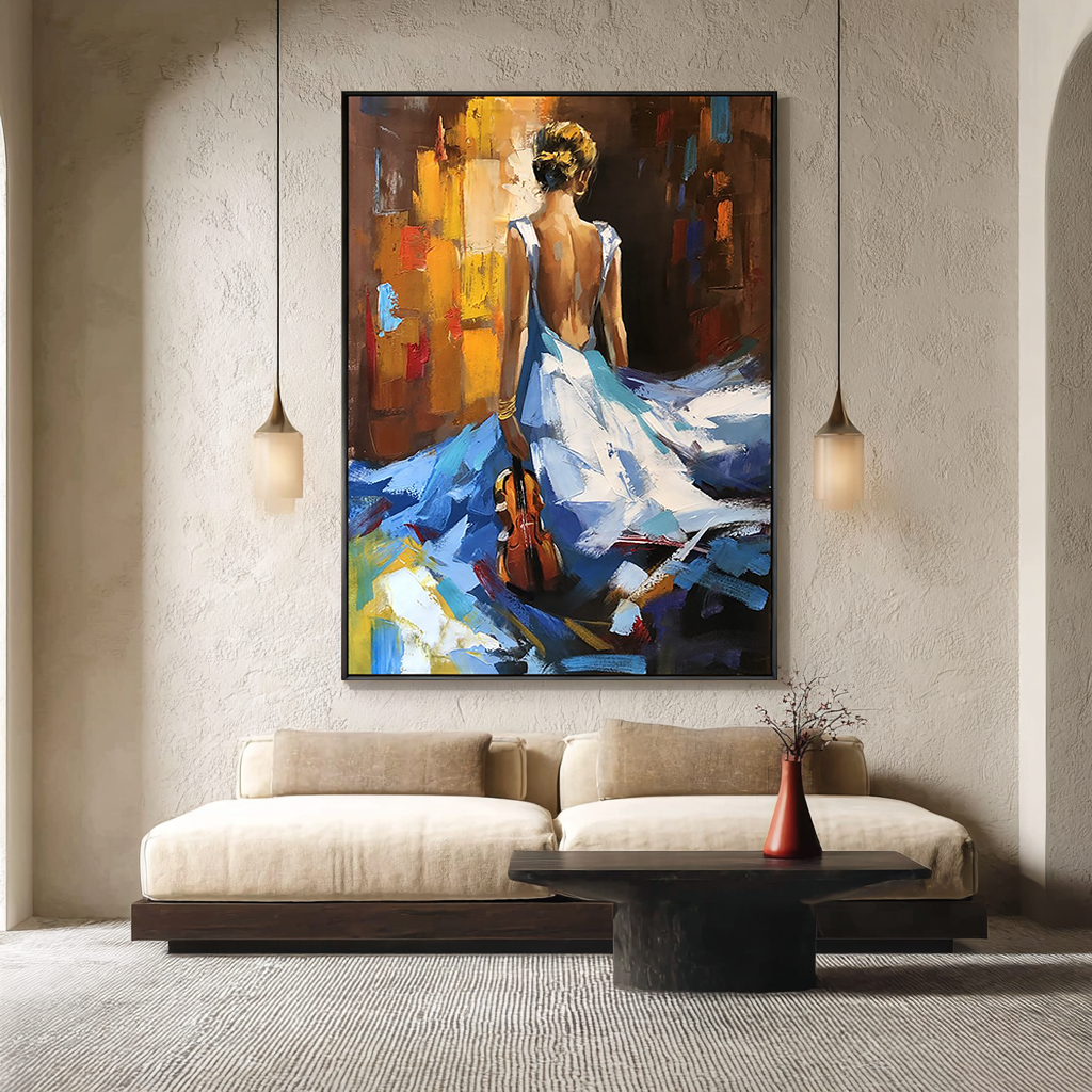 Azure Sonata – Elegant Lady in Blue Gown Impasto Painting | Contemporary Expressionist Living Room & Office Art