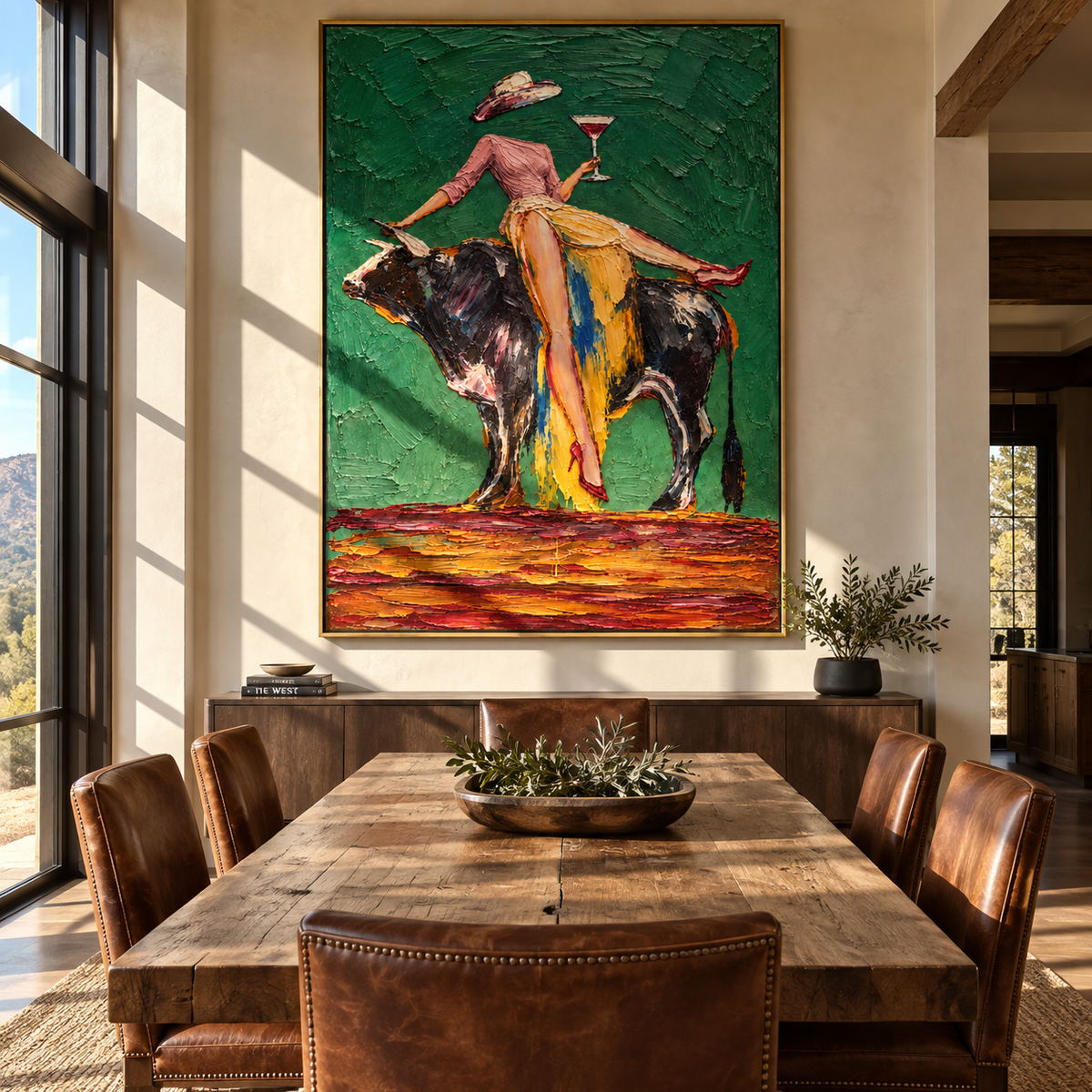 The Rodeo Toast – Vintage Americana Abstract Cowgirl & Bull Painting | Bold Western Living Room Wall Art