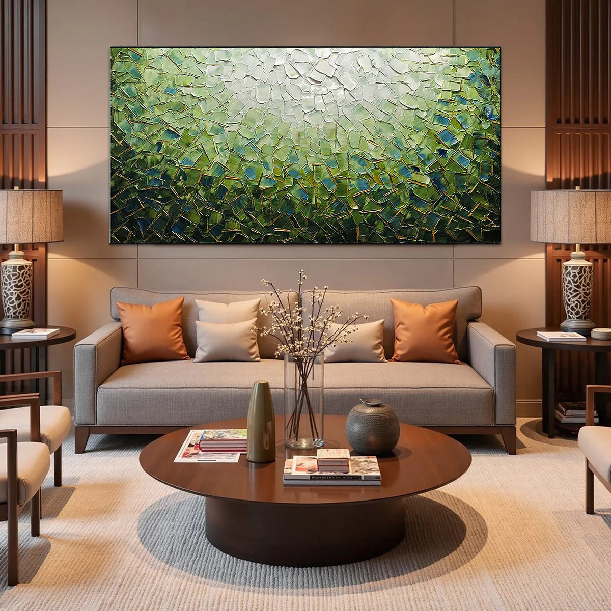 Emerald Radiance – Green and Gold Impasto Landscape Abstract Painting | Contemporary Landscape Living Room & Dining Room Art