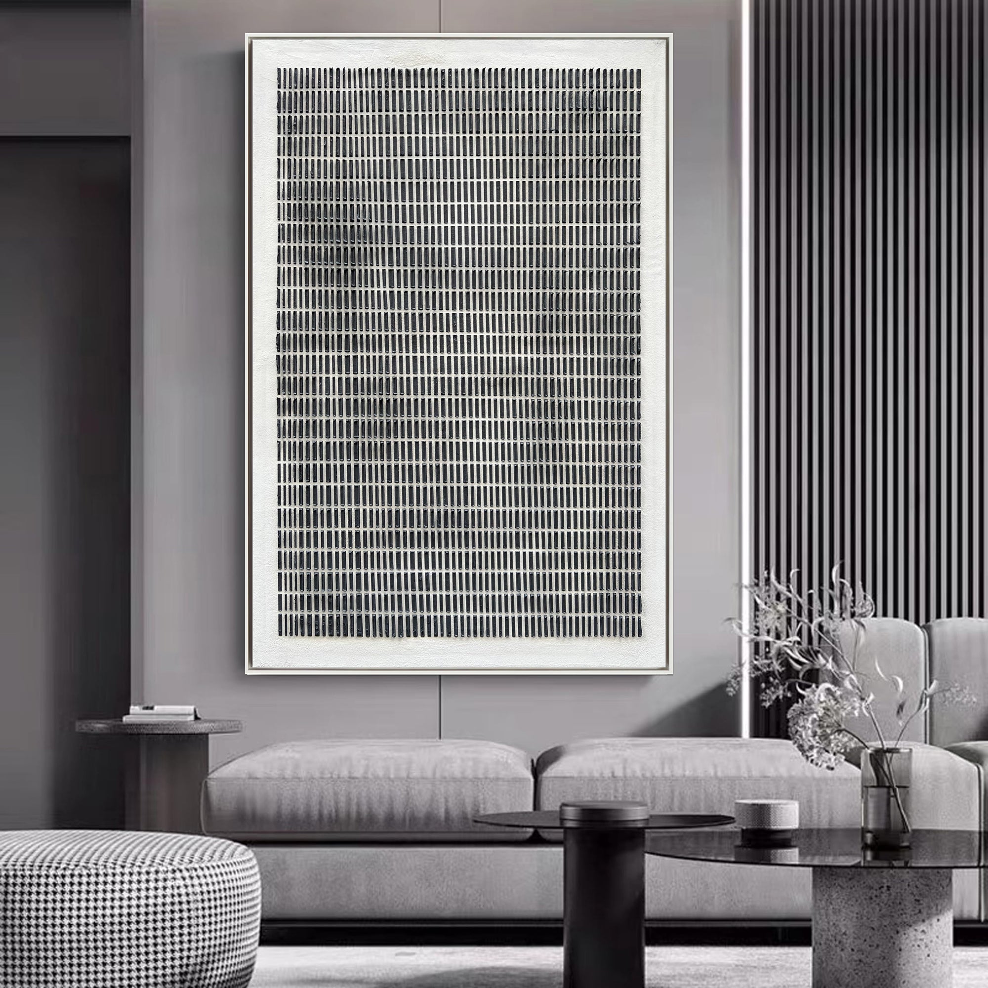 Grid Zen – Wabi-Sabi Geometric Matrix Minimalist Painting | Modern Noir Wabi-Sabi Living Room & Home Office Art