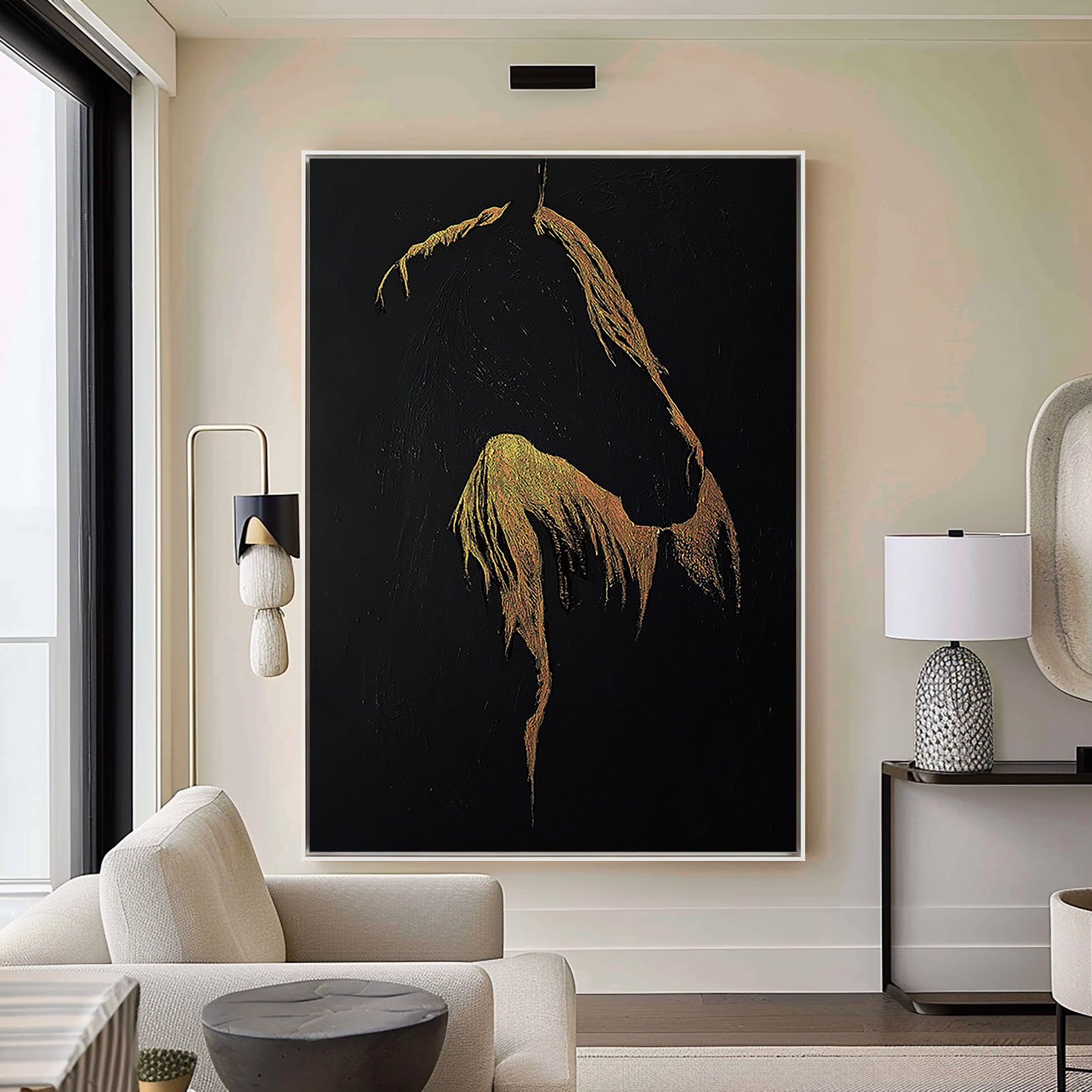 Golden Silhouette – Luxury Black and Gold Horse Painting | Minimalist Textured Animal Living Room Art