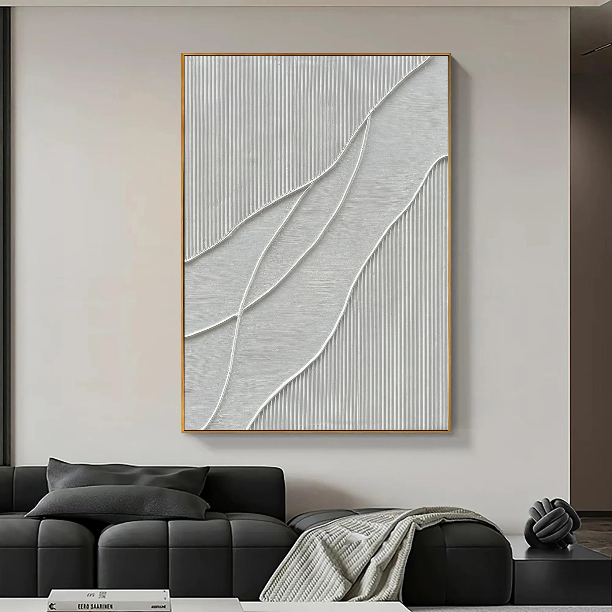 LINEAR SILENCE: Modern 3D Linear Plaster Wall Art, Minimalist Wave Relief Painting