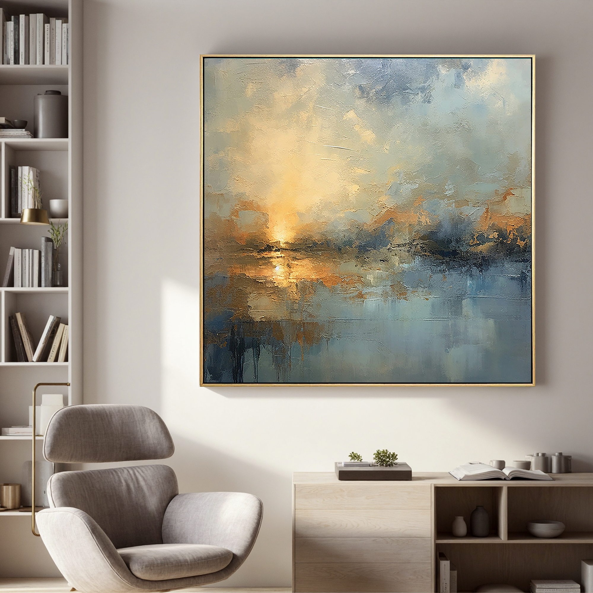 Dawn of Serenity – Modern Impressionist Blue & Gold Painting | Abstract Landscape Dining Room Art