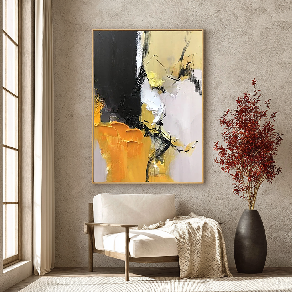 Amber Energy – Hand-Painted Bold Yellow and Black Palette Knife Abstract Painting | Bold Abstract Palette Knife Living Room Art