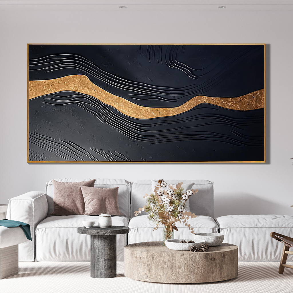 GOLDEN VEIN: Abstract Wall Art, Hand-Painted Dark Grey and Gold Foil Modern Luxury Textured Gallery Art