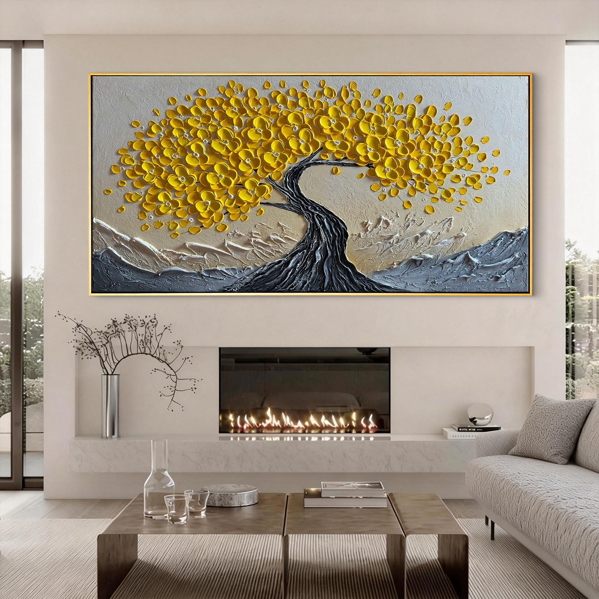 Golden Vigor – Yellow Flower Relief Texture Painting | Modern Luxury Botanical Bedroom & Living Room Art