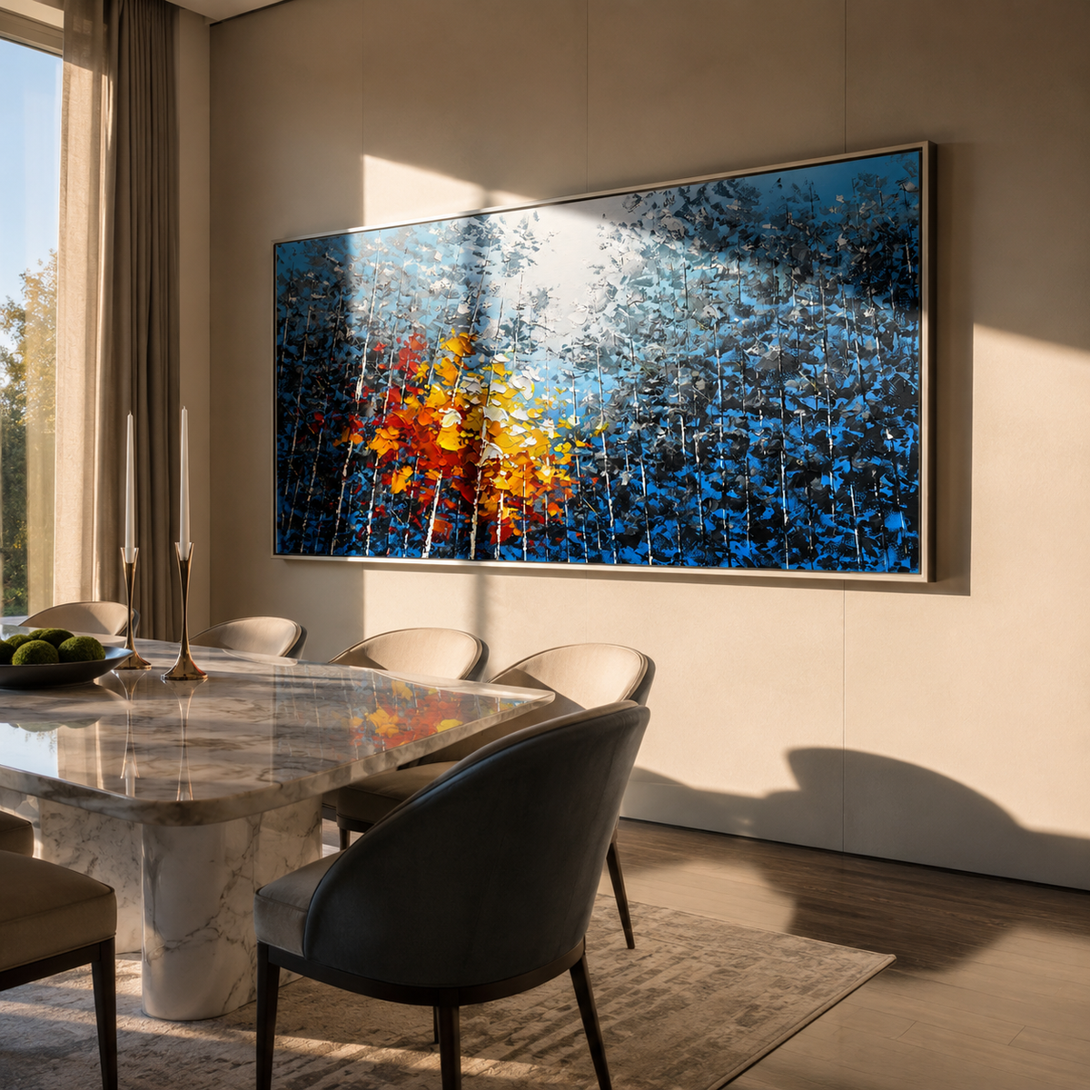 Birches Catch the Light – Blue & Gold Birch Grove Painting | Textured Panoramic Living Room Wall Art