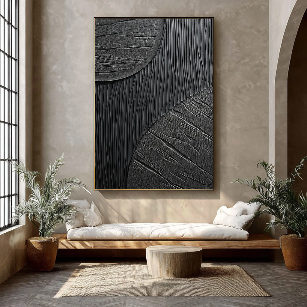 Shadow Texture – Hand-Painted All-Black Minimalist Mixed Plaster Relief Texture Painting | Bold Minimalist Bedroom & Home Office Art