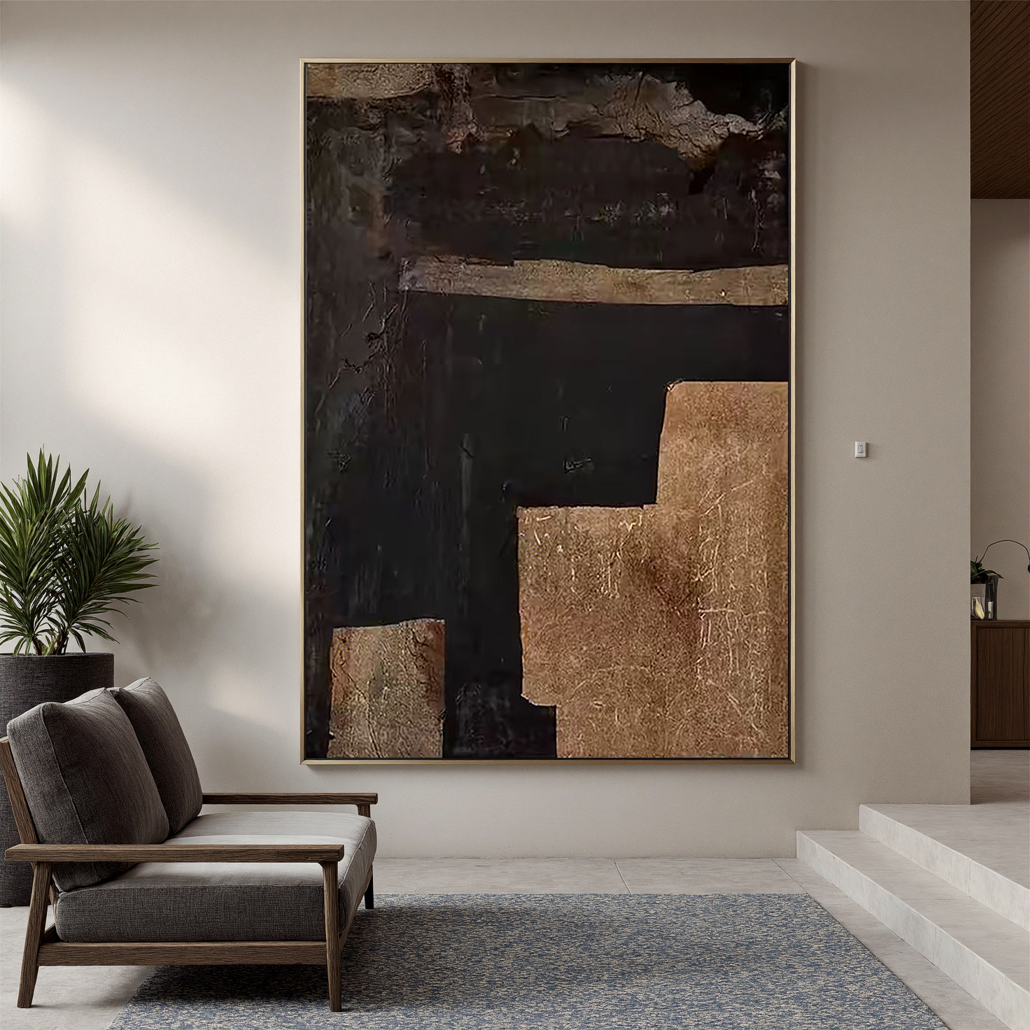 Time Fault Line – Wabi-Sabi Style Black-and-Gold Texture Painting | Modern Industrial-Style Hallway Art
