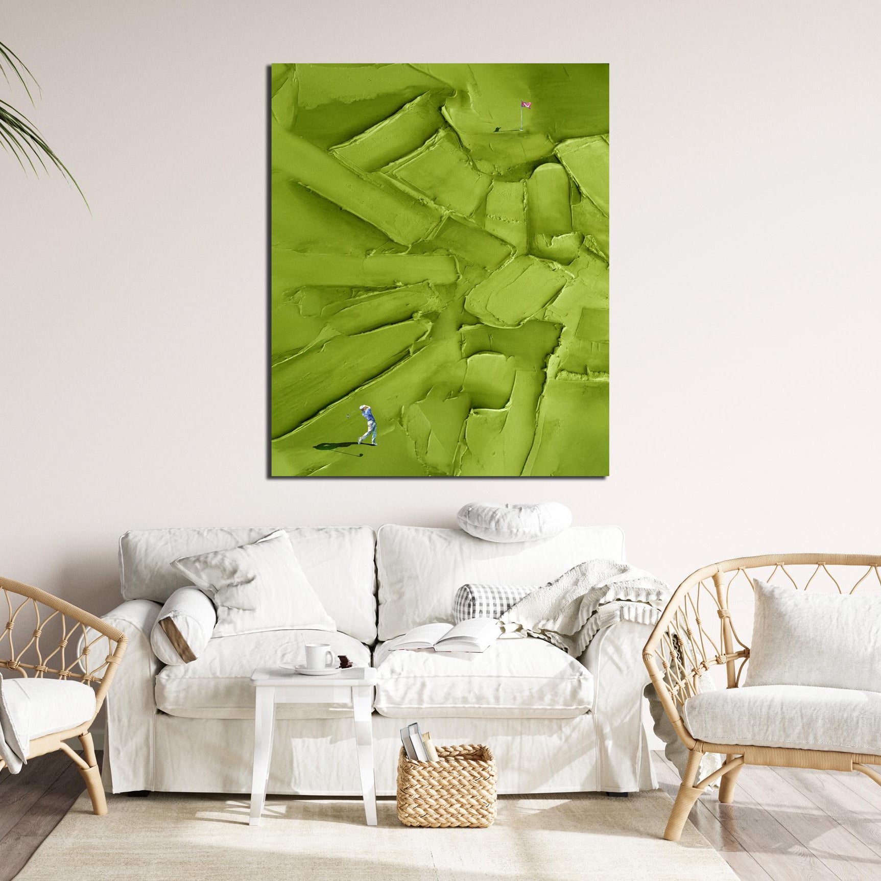 Creamy Green – Hand-Painted Olive Green 3D Heavy Texture Golf Course Athletes Sport Painting | Contemporary Sport Home Office & Living Room Art