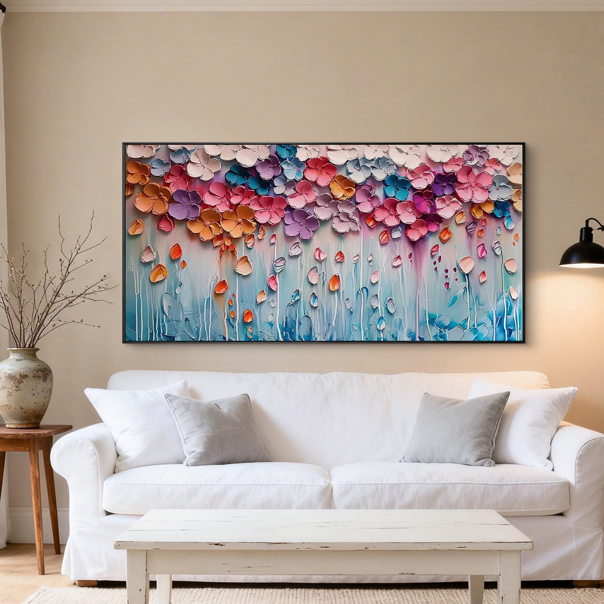Dreamy Floral Rain – Modern Vibrant Impasto Pastel Flowers Painting | Healing Romantic Living Room Art