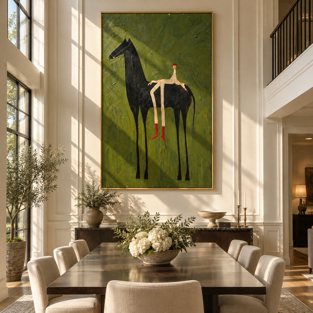 The Solitary Dreamer – Surrealistic Black Horse & Red Boots Painting | Modern Minimalist Living Room Art