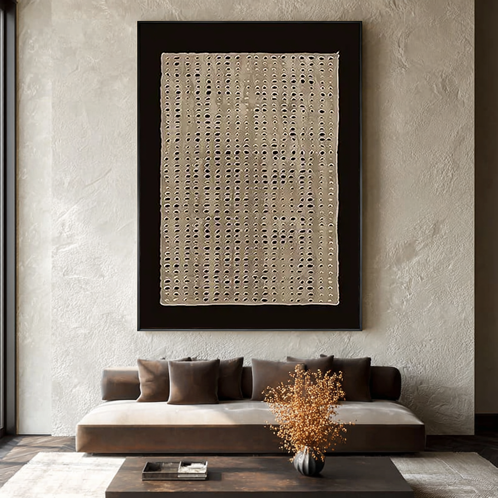 Zen Lattice – 3D Heavy Texture Black & Sand Plaster Relief Wabi-Sabi Painting | Japandi Organic Wabi-Sabi Living Room & Hallway Art