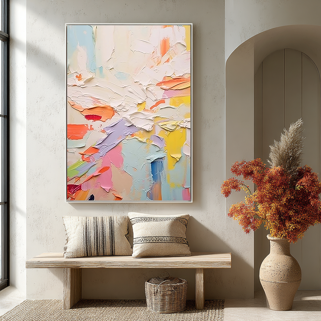 Pastel Energy – Hand-Painted Multicolored Macaron Palette Knife Abstract Painting | Bold Abstract Palette Knife Living Room Art