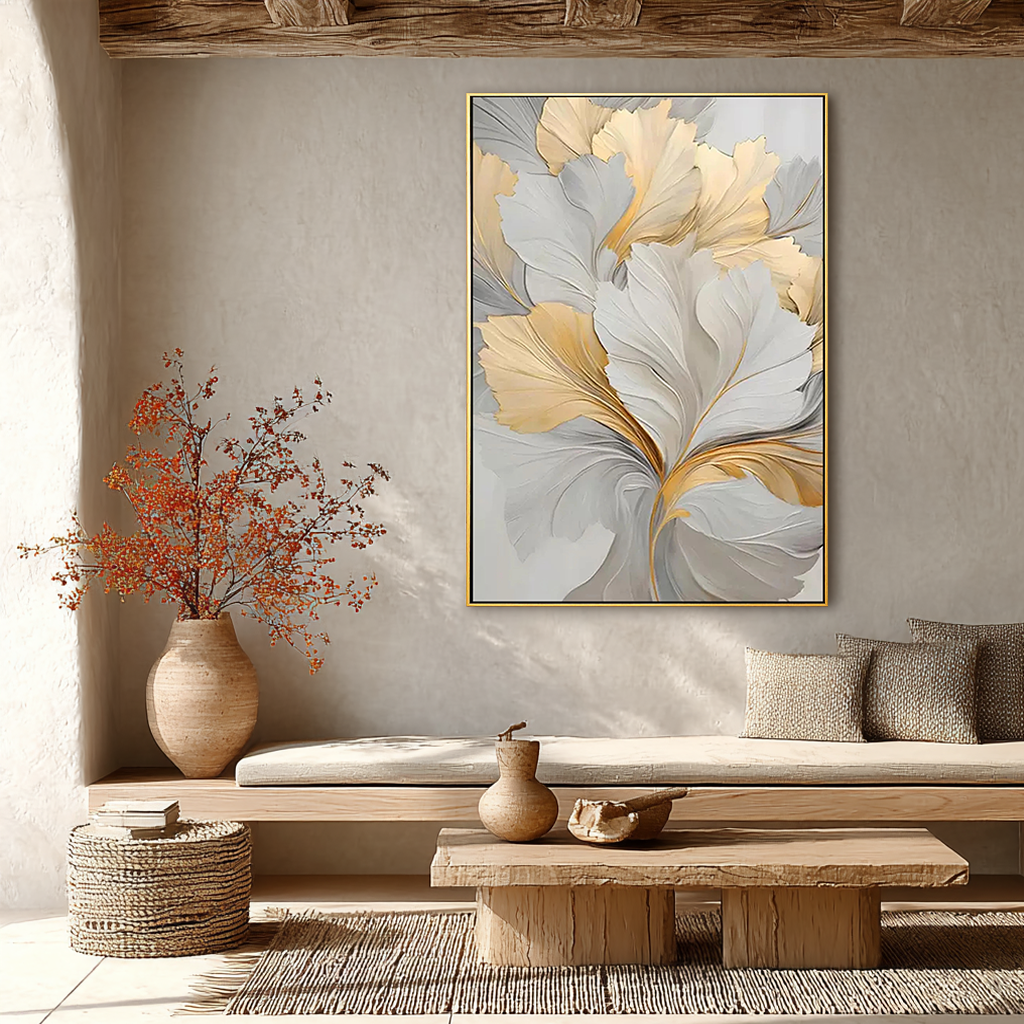 Meadow Bloom – Hand-Painted Minimalist Beige and Rainbow Wildflower Floral Painting | Vibrant Botanical Living Room & Dining Room Art