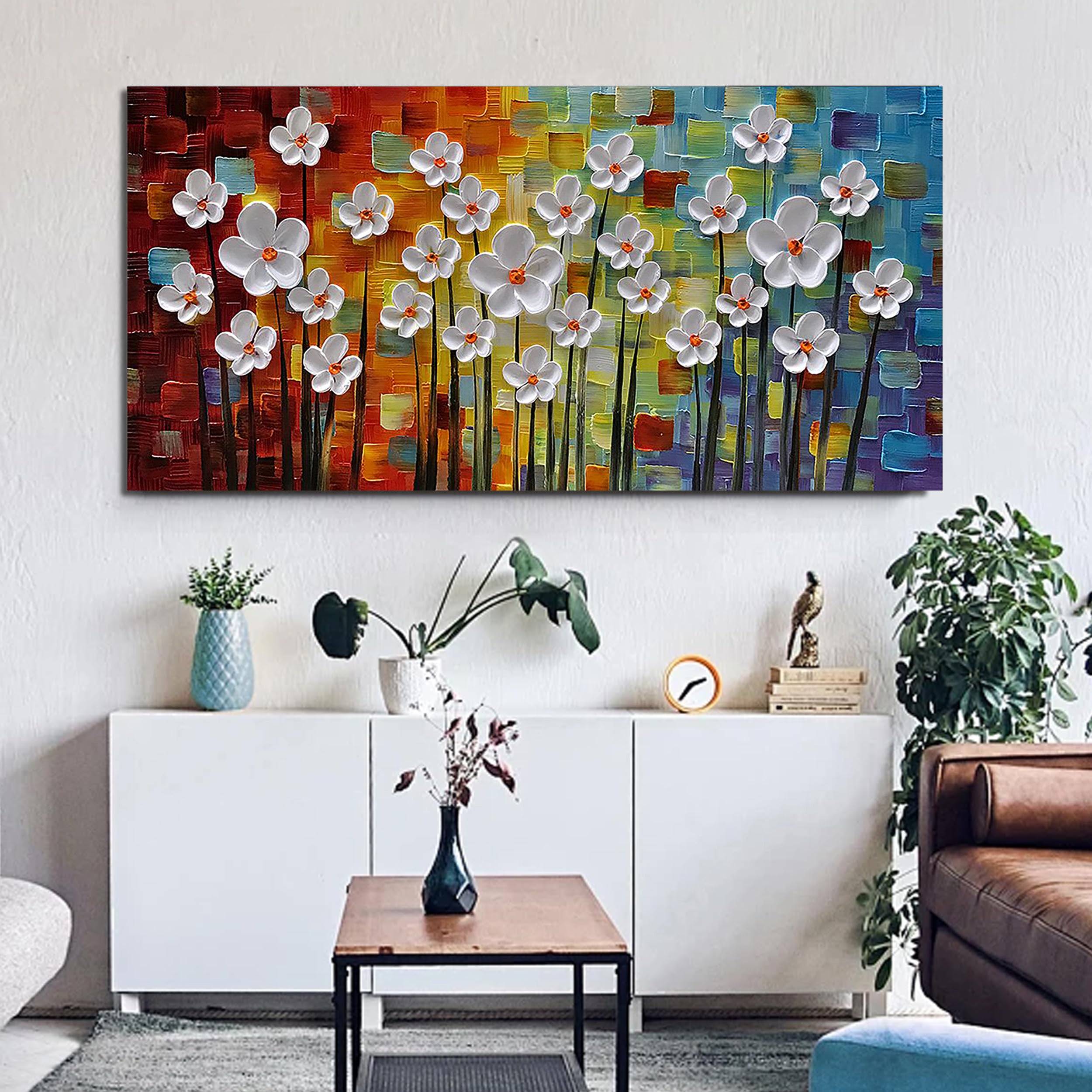RAINBOW BLOOM: Panoramic 3D Heavy Texture Floral Wall Art, Vibrant Mosaic Background Relief