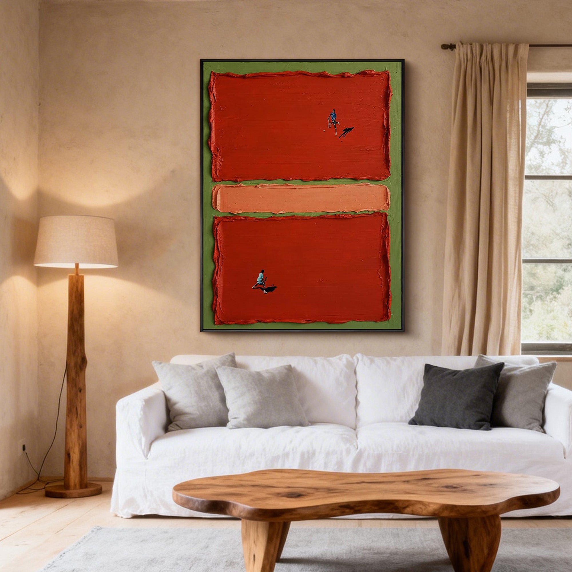 VIVID RACE: Creative Miniature People Oil Painting, Heavy Texture Red Block Abstract Art