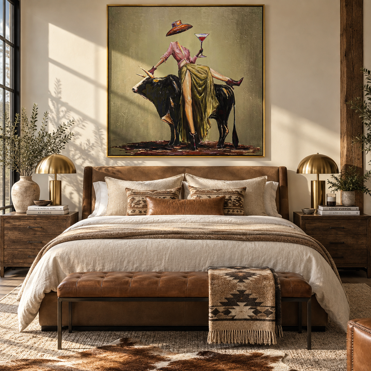 Brim Above the Bull – Olive Western Woman and Black Bull Painting | Vintage Americana Square Wall Art