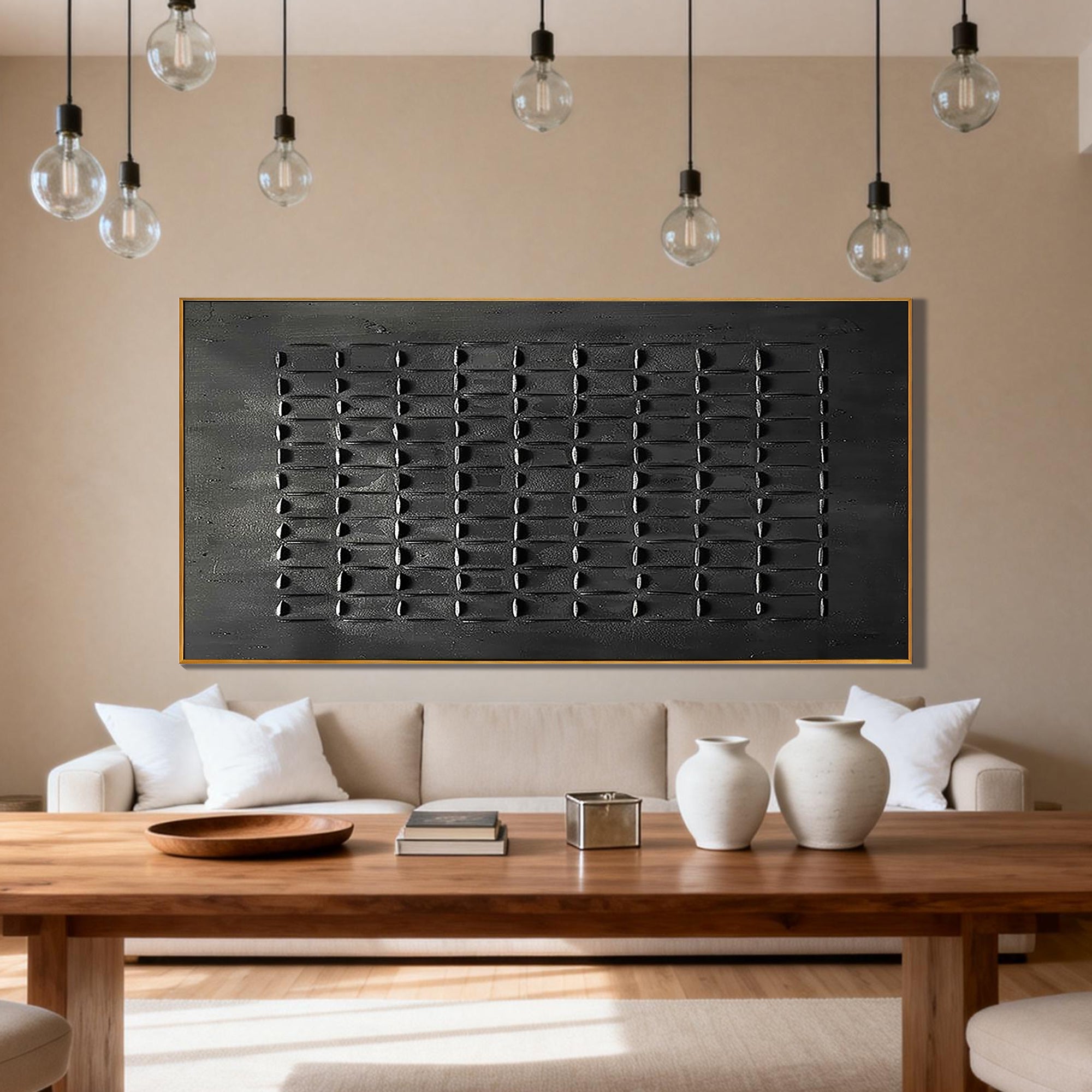 The Dark Matrix – All Black Minimalist 3D Textured Relief Art | Wabi-Sabi Horizontal Home Office Art