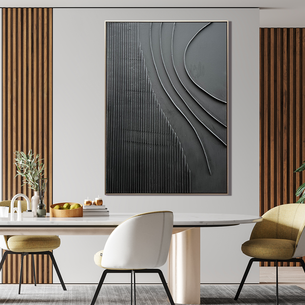 Obsidian Flow – Minimalist Wave Relief Modern Painting | Bold Minimalist Bedroom & Home Office Art