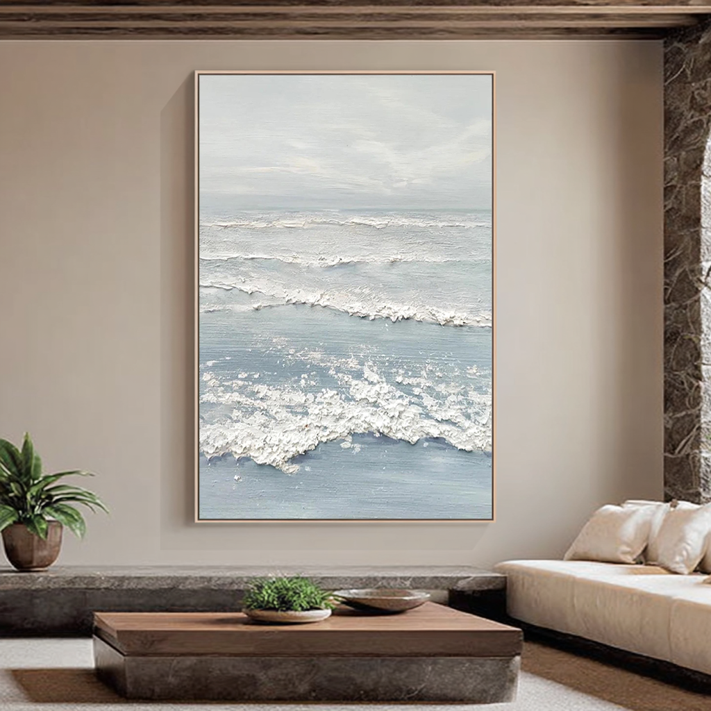 Ocean Mist – Hand-Painted Pale Blue 3D Impasto Wave Seascape Painting | Coastal Modern Living Room & Bedroom Art