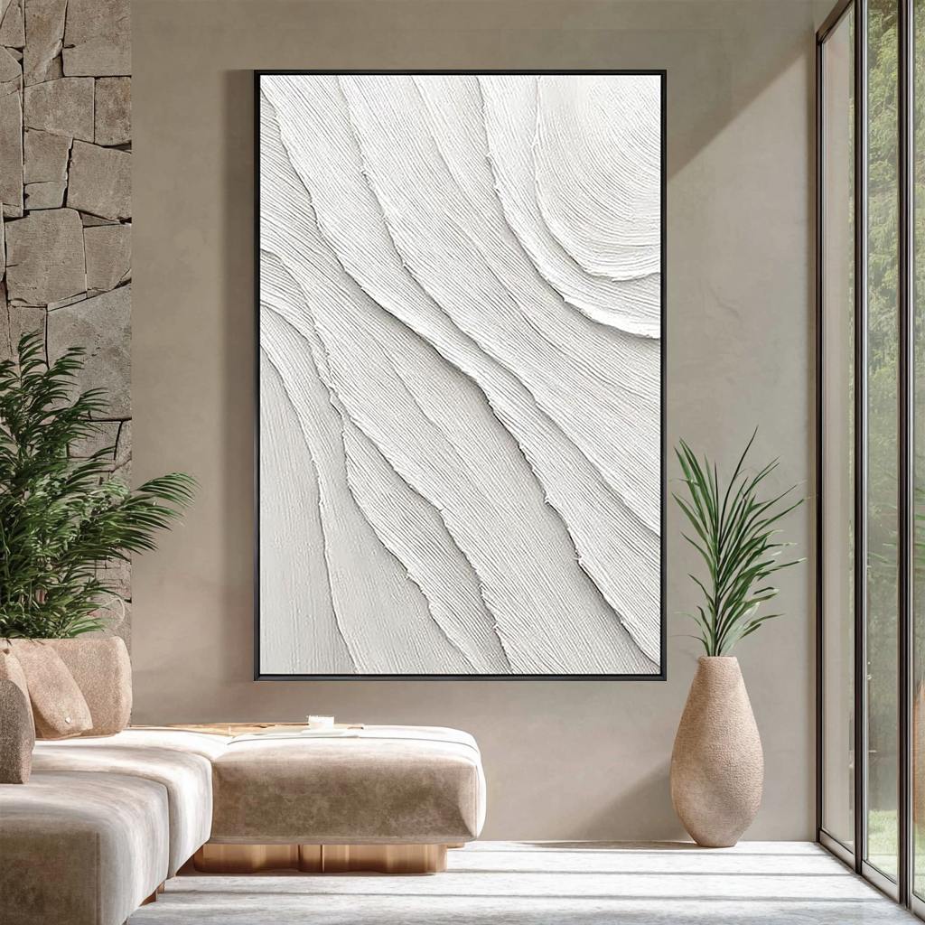 Pure Ripple – Hand-Painted Plaster Effect White Wave Relief Abstract Texture Painting | Modern Abstract Living Room & Office Art